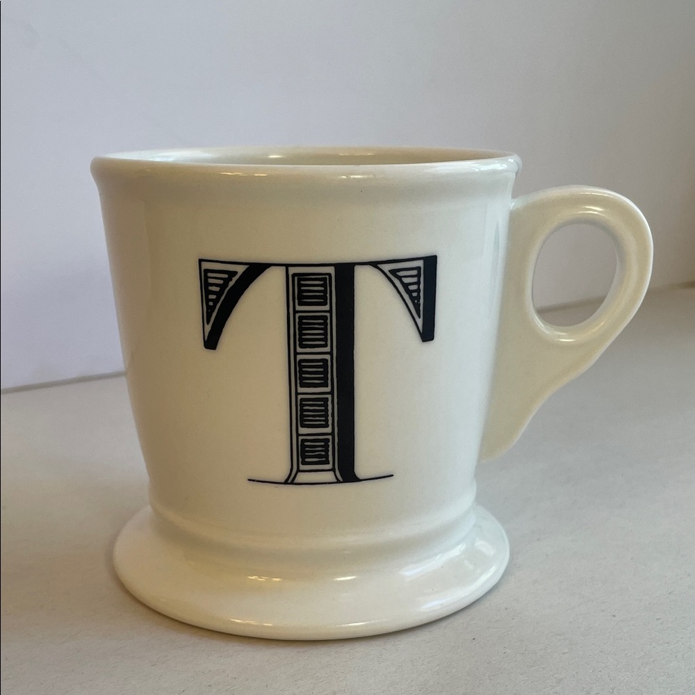 Anthropologie Cream Ceramic Mug with Black T Monogram
